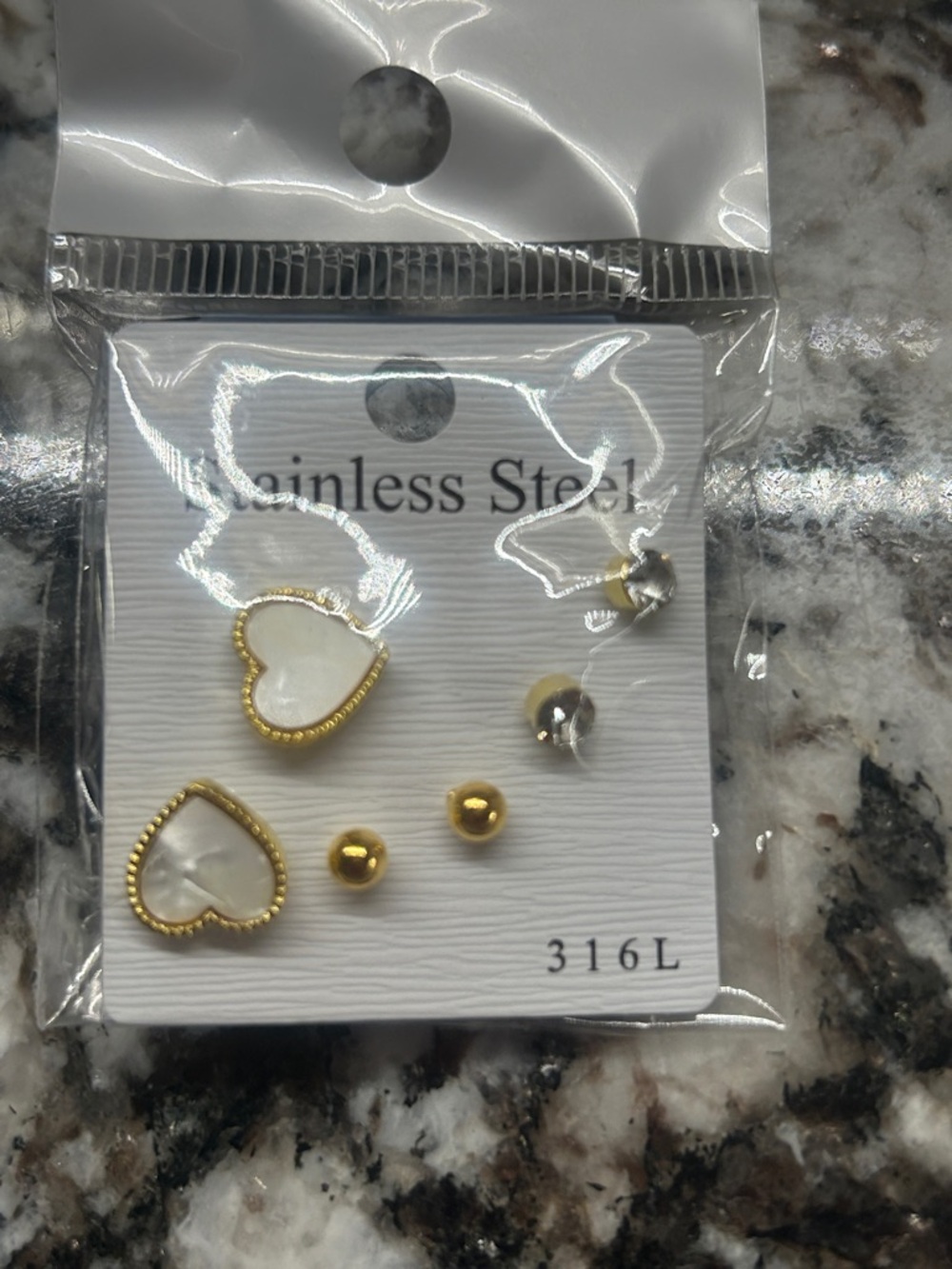 Gold & White Heart and Ball Stud Earring Set - Stainless Steel